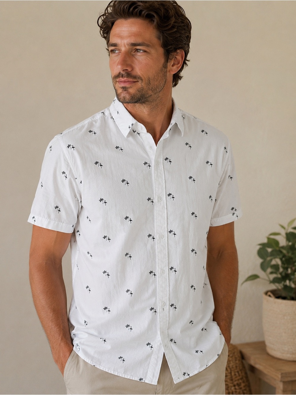 Denim & Flower White Short-Sleeve Palm-Print Button Down Shirt